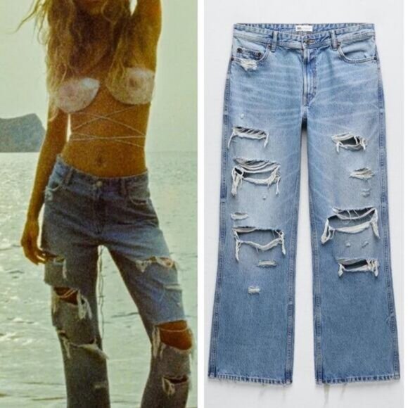 NWT ZARA Low Rise Super Wide Leg Jeans Size 0 Destroyed DIstressing Detail - Picture 1 of 12